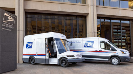 USPS fleet of electric next-generation delivery vehicles - prototype NGDV can be seen in the foreground