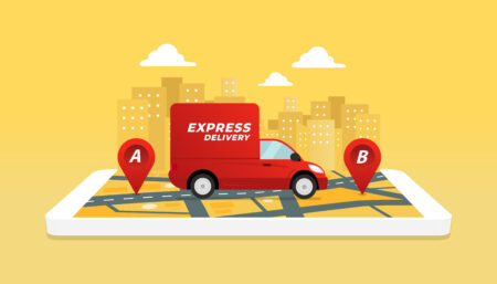OPINION: All UK merchants should embrace on-demand delivery Red express delivery truck sitting on a smartphone, checking delivery route