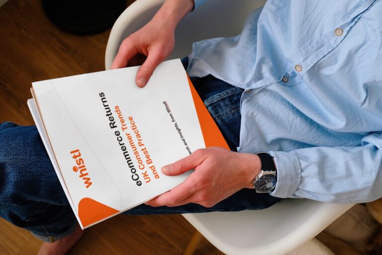 E-commerce returns show no sign of slowing, report shows Man holding the eCommerce Returns: UK Consumer Trends and Best Practice report.