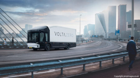 Volta truck on AI generated road in city landscape