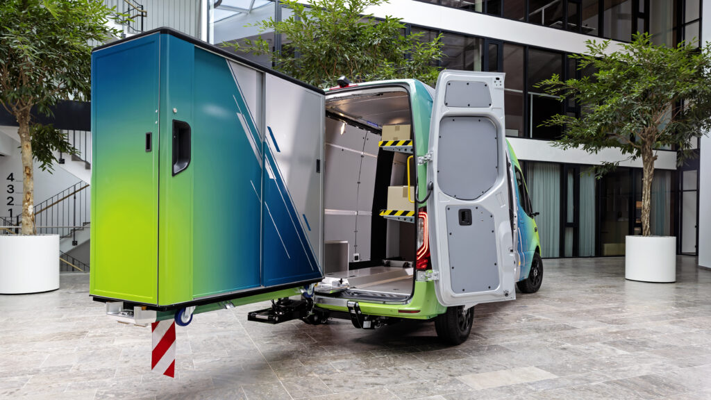 Special wheeled containers can be loaded into the long panel van with a high roof