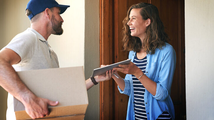 OPINION: The crucial role delivery plays in enhancing online retail performance Happy woman, delivery man and box with tablet at door for order, parcel or cargo in transport service. Female person receiving shipment from male courier, supply chain or ecommerce purchase at home
