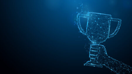 Submissions now open for PIP and c2p Startup Innovation Award 2024 Hand holding trophy cup tophy form lines, triangles and particle style design. Illustration vector