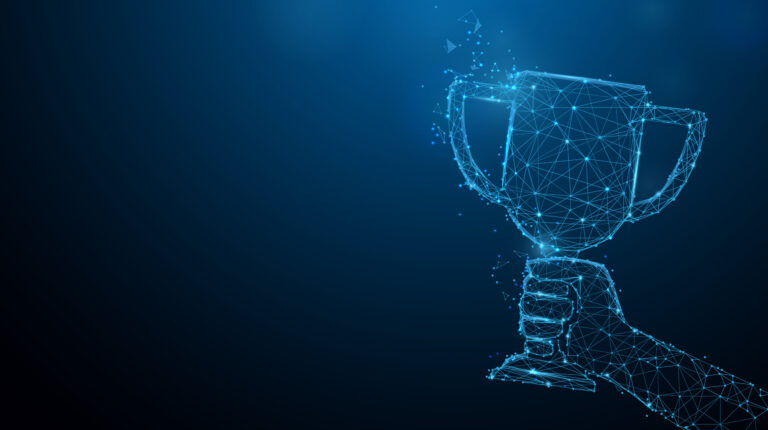 Submissions now open for PIP and c2p Startup Innovation Award 2024 Hand holding trophy cup tophy form lines, triangles and particle style design. Illustration vector