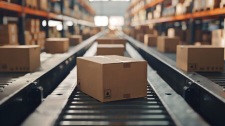 Closeup of multiple cardboard box packages, package moving transportation delivery, e-commerce, delivery, automation and products, Generative Ai