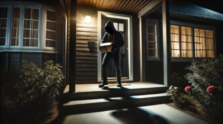 FEATURE: Combatting porch piracy – effective strategies to secure deliveries AI image of a thief stealing a parcel from a porch at night