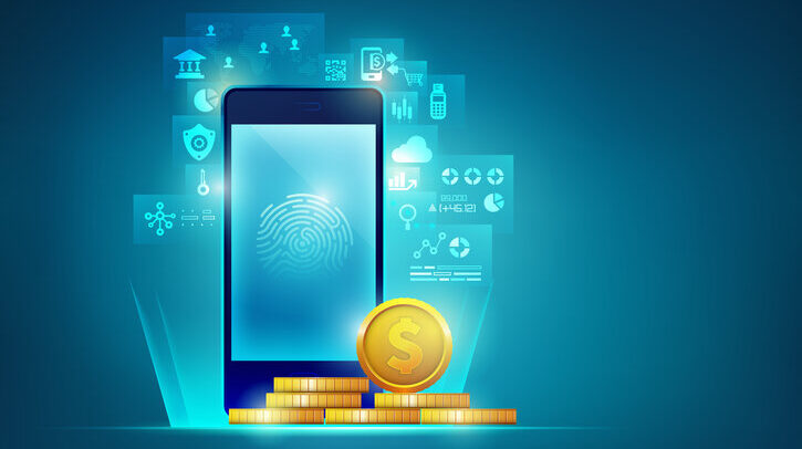 Digital image of mobile phone on blue background with coins piled up in front and online digital services in the background