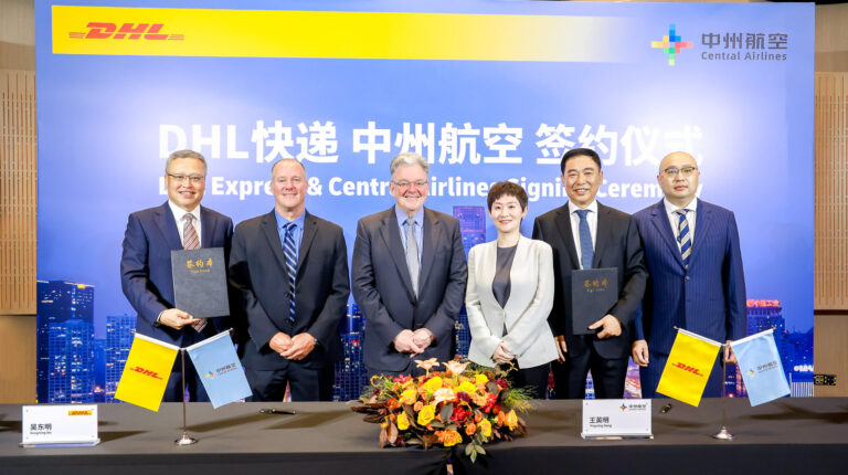 DHL Express signs freight agreement with Central Airlines L-R: Dongming Wu, CEO China, DHL Express; Travis Cobb, EVP global network operations and aviation, DHL Express; John Pearson, CEO, DHL Express; Annie Hou, chairman, Central Airlines; Yingming Wang, CEO, Central Airlines; and Yang Zhan, co-founder, Central Airlines