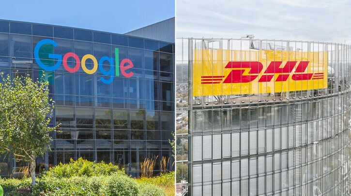 Google and DHL collaborate on sustainable shipping June 8, 2019 Mountain View / CA / USA - Google office building in the Company's campus in Silicon Valley; The "double o's" of the logo are decorated in rainbow colors in honor of LGBTQ Rights