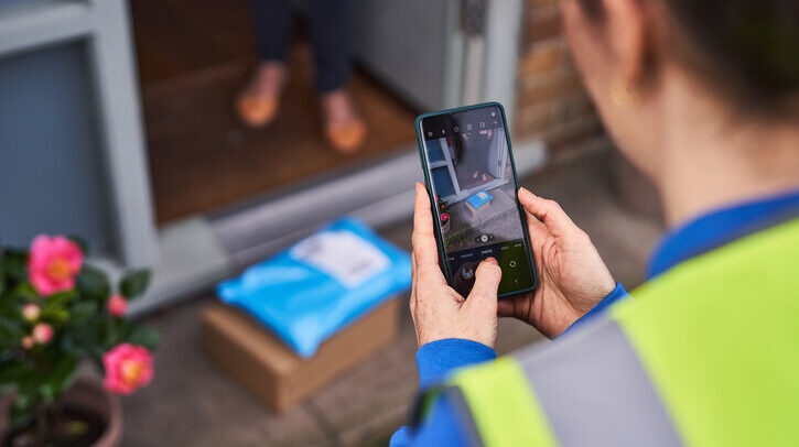 Delivery driver taking proof of delivery photo with smartphone at customer's door.