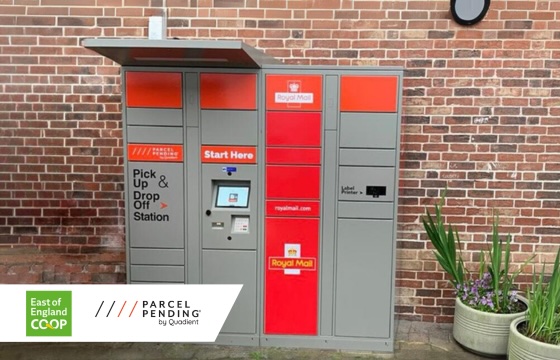 Quadient installs parcel lockers at East of England Co-op stores Grey and orange Parcel Pending by Quadient parcel locker outside Framlingston Co-Op, in front of brick wall