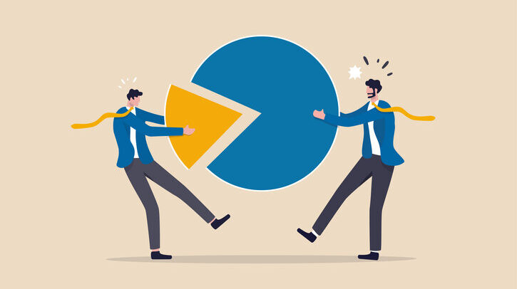 Market share percentage of industry sale, business competitor fight or battle to gain more sale concept, businessman fighting for more market share pie chart.