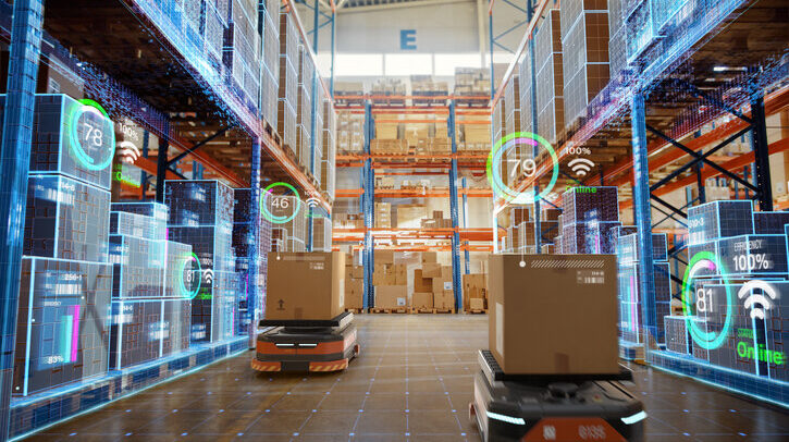OPINION: The global warehouse automation market and new opportunities for growth Future Technology 3D Concept: Automated Retail Warehouse AGV Robots with Infographics Delivering Cardboard Boxes in Distribution Logistics Center. Automated Guided Vehicles Goods, Products, Packages