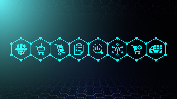 AI and automation investment important for 70% of business leaders Supply chain management concept icons, logistics icons, inventory, distribution, e- commerce icons, order fulfillment, supplier, collaboration, optimization, safety stock, inventory, vector blue icons.