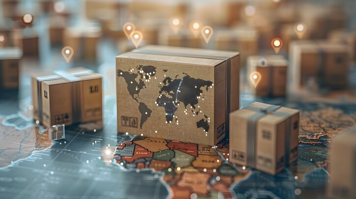 EasyPost partners with DHL eCommerce on international shipping Conceptual showcasing the global reach and interconnectivity of cross border e commerce featuring shipping icons logistical elements