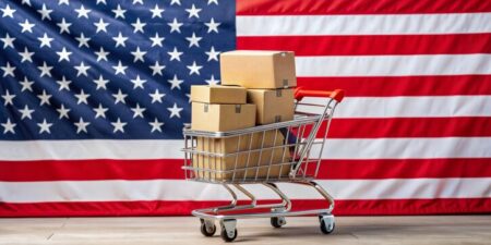 DHL eCommerce publishes US-focused e-commerce shopper report Shopping Cart with Cardboard Boxes Against American Flag, American Flag, Shopping Cart, USA, Boxes