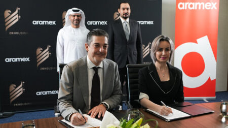 Aramex and ZK Holding partner to enhance logistics and courier services in Iraq Othman Aljeda, group CEO Aramex (front left); Captain Mohamed Juma Al Shamsi, chairman Aramex (back left); Dr. Dima Al Azzeh, chairman’s advisor ZK Holding (front right); and Dr. Zead Khalaf, chairman ZK Holding (back right)