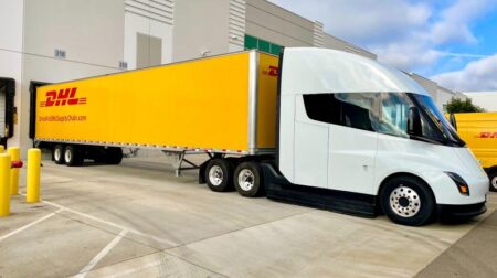 DHL completes testing of Tesla Semi electric truck Tesla Semi truck with DHL branded trailer