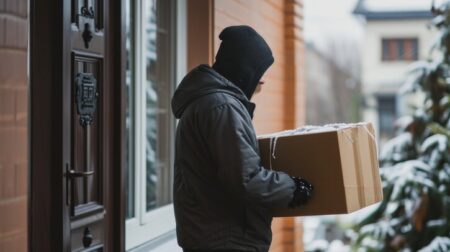 "Porch Pirate" Man with hoodie stealing a package at the doorstep - Generative AI
