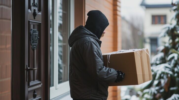 Porch pirates steal £376.6m worth of parcels in last 12 months in the UK "Porch Pirate" Man with hoodie stealing a package at the doorstep - Generative AI