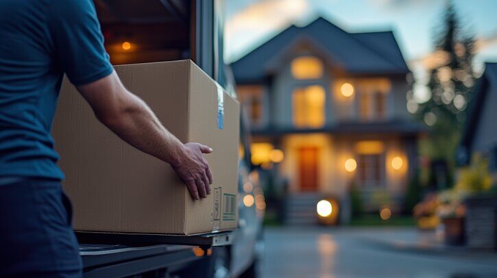 A person loading a large box from a delivery truck to a house, set against a soft evening light, portraying a moment of delivery in a serene neighborhood
