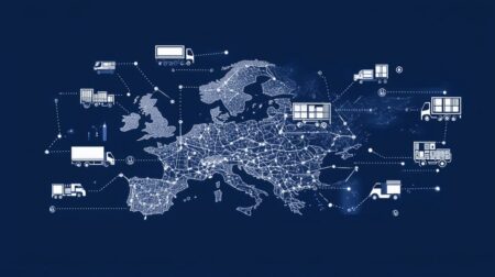 This visual representation highlights the logistics infrastructure throughout Europe, showcasing various transport trucks connected by intricate pathways. The map indicates the flow of goods across countries, emphasizing the significance of transportation in trade and commerce.