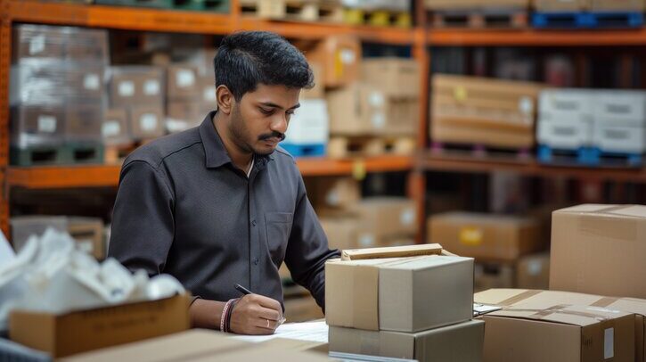 Indian man works in shipping office. Man packing boxes in warehouse. Logistic dispatcher prepares records at desk. Man in black shirt focused on paperwork. Warehouse filled with shelves, stacked with