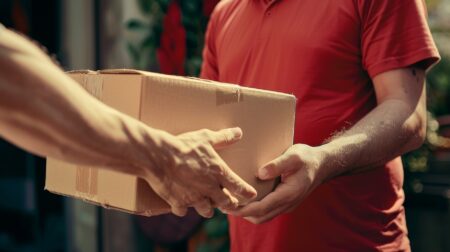 A delivery service worker in a red shirt hands a package to another person in an urban environment with greenery in the background, representing home delivery and courier services.