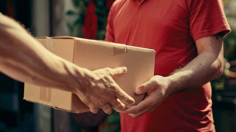 Royal Mail transforms e-commerce returns with Stamp Free A delivery service worker in a red shirt hands a package to another person in an urban environment with greenery in the background, representing home delivery and courier services.