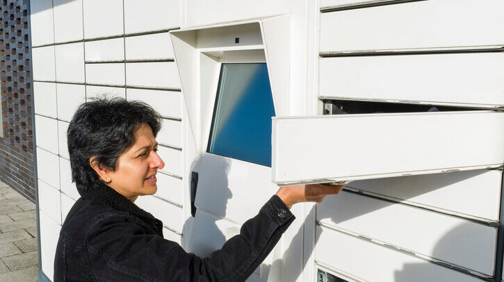 British Asian woman using an automated postal locker, parcel collection point in UK