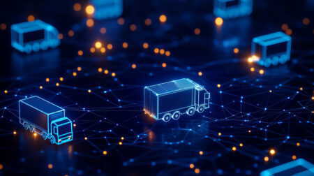FEATURE: Overcoming cross-border e-commerce customs challenges A Digital logistics network with trucks and connections, showcasing innovation and efficiency in delivery operations
