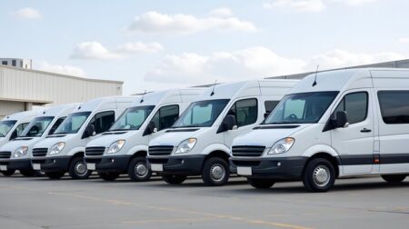 Customer demand is biggest influence on switch to alternative energies in fleets, report finds Fleet of white delivery vans parked in industrial lot under clear sky.