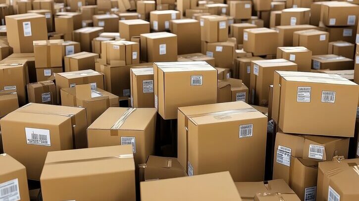 A warehouse of brown cardboard boxes waiting to be sorted and delivered.