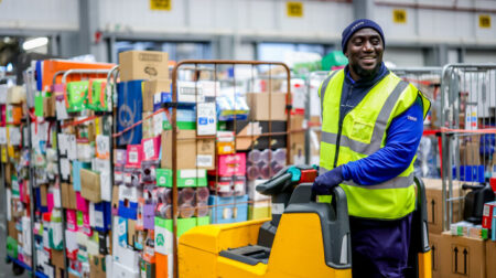 A Tesco delivery worker in a warehouse, wearing a high-vis jacket.