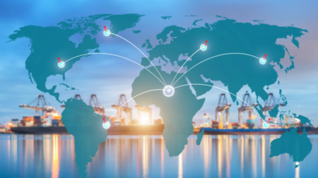 A map of the world with lines connecting international logistics hubs overlaid on a photo of a port