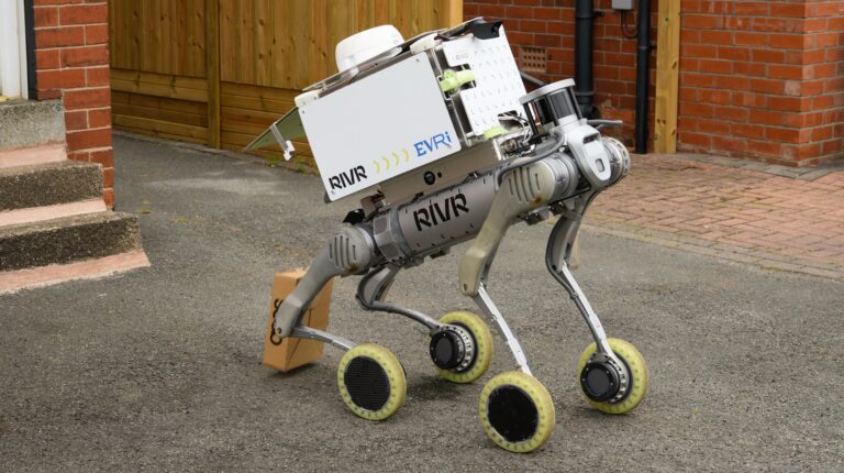 Milo the robot dog carries a parcel for delivery on its back