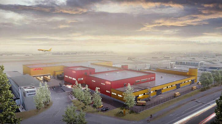 DHL Express opens new logistics terminal at Helsinki-Vantaa Airport Design render of the new facility at Helsinki-Vantaa Airport, with grey clouds high up in the sky in a dawn or dusk light