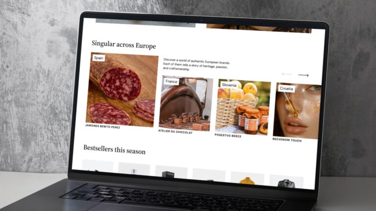 Geopost expands European SME showcase platform Singular A laptop with Geopost Singular showcase platform on the screen displaying different SMEs and their products