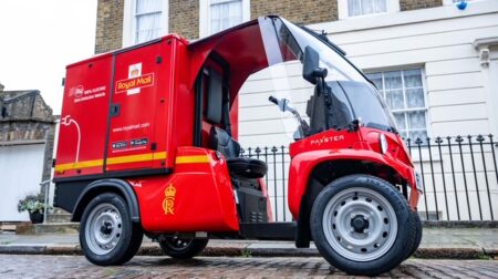 Royal Mail deploys 100+ micro-electric vehicles in major fleet decarbonization A Royal Mail micro electric vehicle from Paxster, with red livery, parked at the side of the road of a residential street.