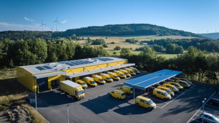 DHL Group deploys proprietary charging and load management system across Post & Parcel Germany EV fleet DHL Group electric vehicles parked at a depot, viewing in an aerial photograph