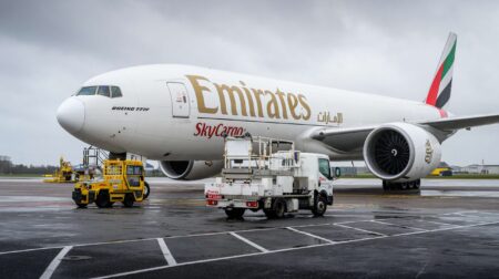 An Emirates SkyCargo aircraft parked on the runway under a grey sky. Ground support vehicles and equipment are in the foreground.