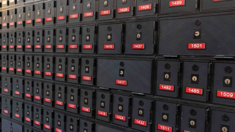 A bank of Australia Post PO boxes.