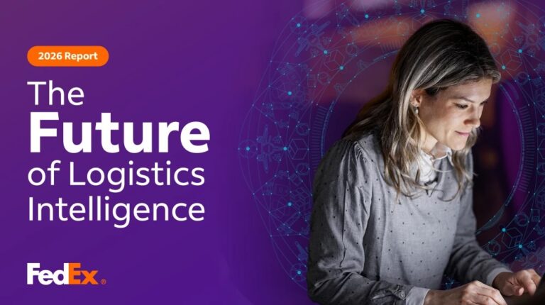 FedEx report highlights gap between shipment visibility and actionable insights FedEx 'Future of Logistics Intelligence' report on a purple background with a woman at a laptop on the right hand side.