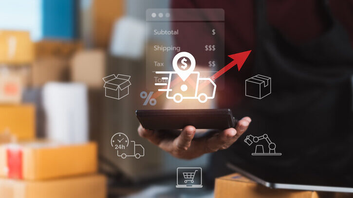 OPINION: Rebuilding CEP margins through revenue quality and targeted cost action E-commerce seller reviewing shipping cost increase on tablet with digital logistics icons, highlighting shipping fees, tax, and automation in online business operations and delivery pricing strategy.
