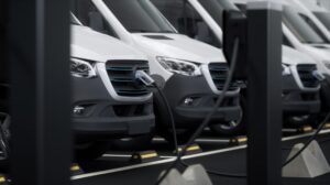 Fleet of generic electric EV delivery vans charging on charging stations inside company parking garage.