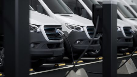 Fleet of generic electric EV delivery vans charging on charging stations inside company parking garage.