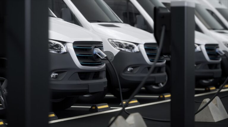 Fleet of generic electric EV delivery vans charging on charging stations inside company parking garage.