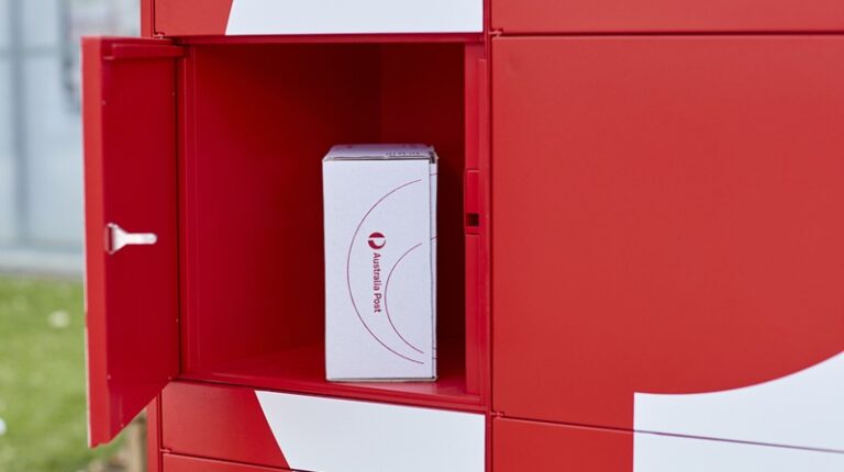 Parcel in a red Australia Post parcel locker