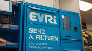 An blue parcel locker with Evri branding.