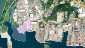 Aerial view of the Port of Gothenburg detailing the land to the west of the facility that has been acquired.